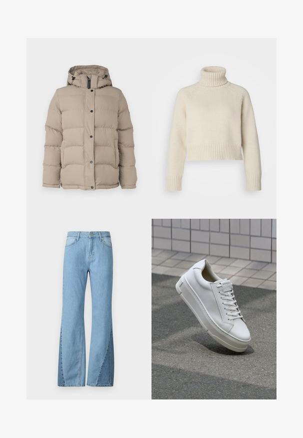 Veste doudoune beige avec capuche, présentant un design matelassé, des boutons-pression et des cordons de serrage au col pour un ajustement réglable.; Pull en tricot crème avec un col roulé côtelé haut, longueur cropped, et des poignets et un ourlet côtelés. Texture lisse avec un motif uni.; Jean en denim bleu clair évasé, avec une taille haute, des détails de couture latérale et un design classique à cinq poches.; Baskets blanches en cuir avec un design bas, lacets plats, bout arrondi et côtés texturés. Semelle en caoutchouc épaisse avec des accents subtils.