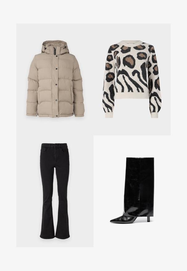 Veste doudoune beige avec capuche, présentant un design matelassé, des boutons-pression et des cordons de serrage au col pour un ajustement réglable.; JDY LORRAINE - Pullover - cement; Jean flare en denim noir à taille haute, avec cinq poches et une fermeture robuste à bouton. Texture lisse avec une légère élasticité.; Botte chelsea en cuir noir avec un bout pointu et un talon bloc, présentant un tige haute et brillante ainsi qu'une finition texturée sur la partie inférieure.