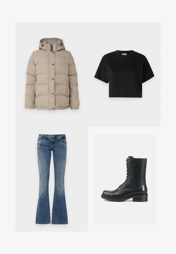 Chaqueta acolchada beige con capucha, que presenta un diseño acolchado, botones a presión y cordones en el cuello para un ajuste ajustable.; Camiseta corta negra con mangas cortas, cuello redondo, fabricada en suave tela de algodón, con un diseño minimalista y detalles de costura sutiles.; Vaqueros de campana azules de mezclilla con un lavado desgastado, que cuentan con bolsillos frontales, cierre de botón y un ligero desgaste en la rodilla.; Botín negro de cuero con cordones, de tobillo, con puntera redonda, superficie texturizada y un tacón bajo apilado. Cuenta con 10 ojetes y costuras reforzadas.
