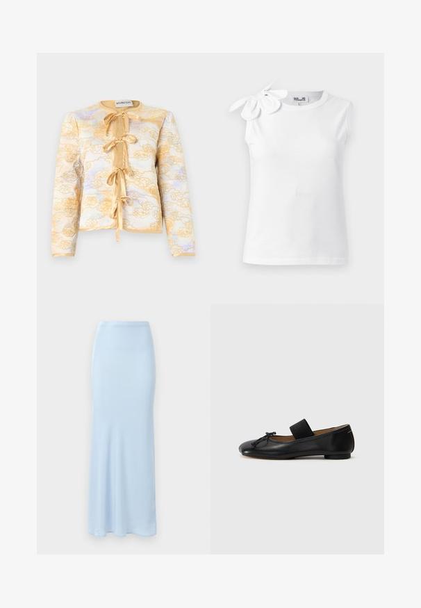 Veste matelassée à manches longues avec broderie florale jaune, quatre liens en ruban de satin sur le devant et encolure ronde.; Haut blanc sans manches avec encolure ronde et un grand nœud en tissu sur l'épaule gauche, présenté sur un fond uni.; Jupe en satin bleu clair, longue jusqu'au sol, avec une taille ajustée et une légère évasement en bas sur un fond blanc.; Ballerines en cuir noir avec un bout arrondi, un petit nœud décoratif et une lanière élastique sur le cou-de-pied pour un maintien sécurisé. Semelle plate.