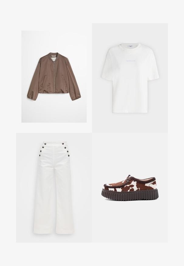 Μπεζ ελαφρύ bomber μπουφάν με μπροστινό φερμουάρ, ριμπ γιακά, πλαϊνές τσέπες και ελαστικά μανίκια και τελείωμα.; Λευκό T-shirt με κοντά μανίκια και στρογγυλή λαιμόκοψη με μικρό ανοιχτό μπλε κείμενο "Marc O'Polo Denim" στο κέντρο του στήθους.; Άσπρο παντελόνι με φαρδιά μπατζάκια και ψηλή μέση, με πέντε μαύρα κουμπιά σε κάθε πλευρά και απαλό βαμβακερό ύφασμα. Καθαρός σχεδιασμός, χωρίς σχέδια.; Καφέ και λευκό παπούτσι με σχέδιο αγελάδας, με παχιά σκούρα καφέ ραβδωτή σόλα και καφέ κορδόνια, σε απλό φόντο.