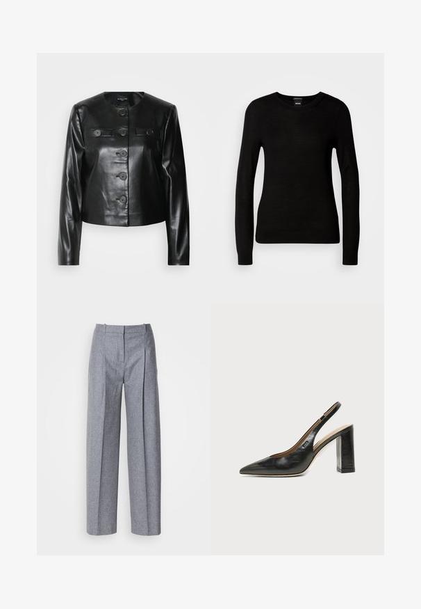 Veste en cuir noir croppée avec un col rond, cinq boutons sur le devant et deux petites poches à rabat. Texture lisse avec une finition brillante.; Pull noir en maille fine, avec un col rond et des manches longues à poignets ajustés. Pas de motifs ou d'ornements visibles.; Pantalons larges gris clair en tissu texturé, avec des plis à l'avant et une taille cintrée. Design minimaliste, sans matériel visible.; Chaussure slingback en cuir noir à bout pointu avec un talon bloc haut et une doublure intérieure beige sur un fond clair uni.