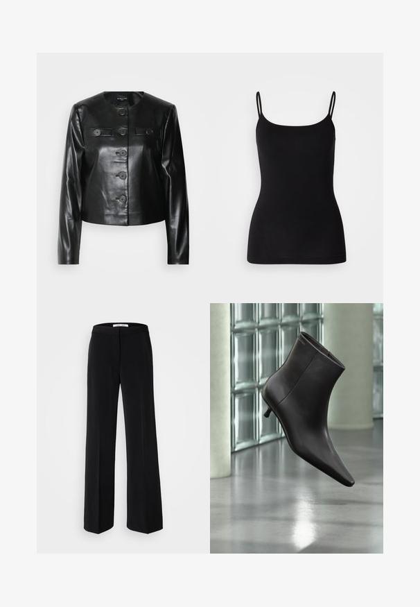 Veste en cuir noir croppée avec un col rond, cinq boutons sur le devant et deux petites poches à rabat. Texture lisse avec une finition brillante.; Débardeur noir avec des bretelles fines et ajustables, en tissu extensible lisse et à la silhouette ajustée. Pas de motifs ni de décorations.; Pantalon large noir avec une texture lisse, muni d'une taille ajustée et d'un design minimaliste. Pas de motifs ou d'accents visibles.; Bottine en cuir noir avec bout pointu et petit talon, présentée devant un mur en blocs de verre et un sol poli.