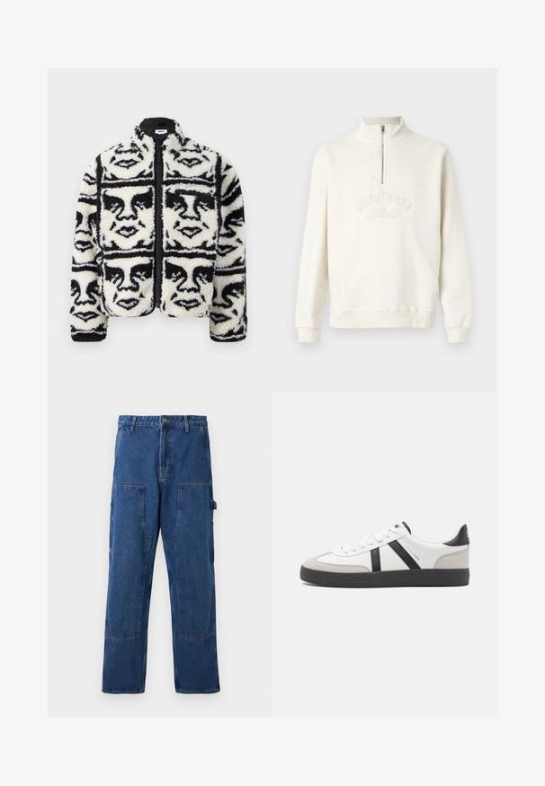 Fuzzy sort/hvid zip-up jakke med et gentaget grafisk mønster af ansigtstræk. Fremstillet af blød, tekstureret fleece materiale.; Hvid sweatshirt med halvlynlås og krave, broderet med teksten "ORIGINALS", ribbede ærmer og afslappet pasform. Blød stofstruktur.; Blå denim cargo bukser med lige ben, to store sidelommer og en knaplukning i taljen. Robust tekstur og struktureret design.; Hvide sneakers med sorte og grå detaljer, med en tekstureret grå tåhætte, sort gummisål og flade hvide snørebånd. Rent design, minimalistisk stil.