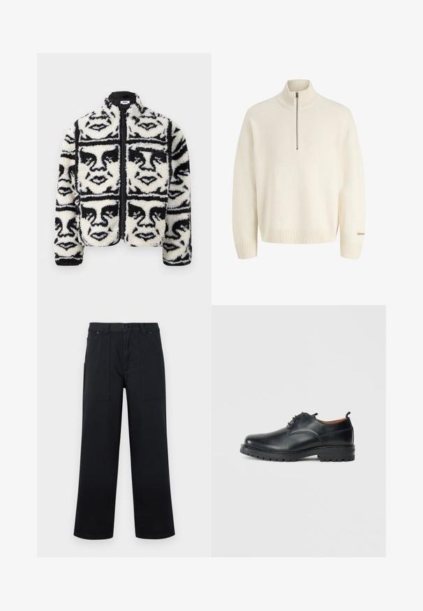 Fuzzy sort/hvid zip-up jakke med et gentaget grafisk mønster af ansigtstræk. Fremstillet af blød, tekstureret fleece materiale.; Cremefarvet langærmet sweater med ribstrikket høj krave, halv lynlås, ribstrikkede manchetter og kant, med lille broderet tekst på ærmet.; Sorte bukser med vide ben, forlommelommer, bæltestropper og knaplukning, vist mod en ensfarvet baggrund.; Sorte læder derby-sko med en glat overflade, rund tå, snøre-design og en tyk, robust gummisål.