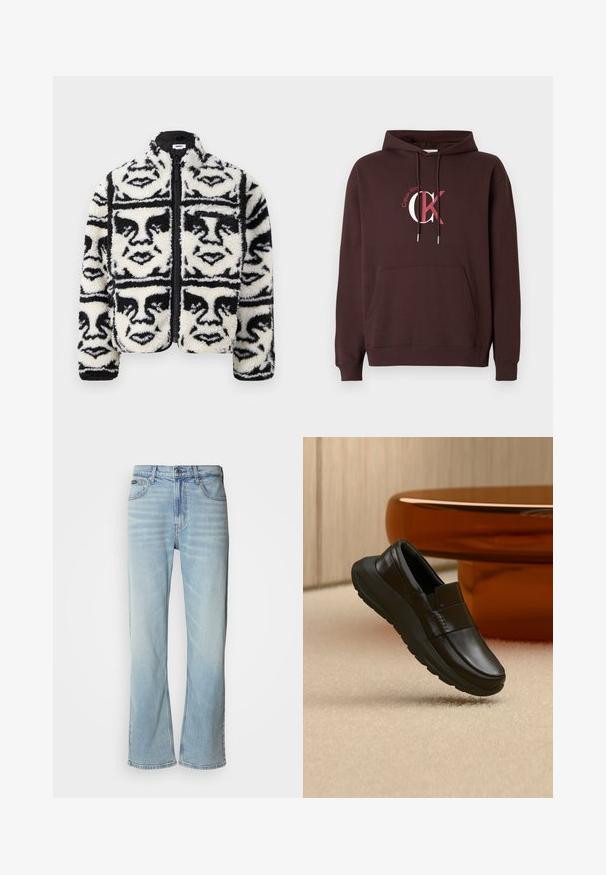 Fuzzy sort/hvid zip-up jakke med et gentaget grafisk mønster af ansigtstræk. Fremstillet af blød, tekstureret fleece materiale.; Brun hættetrøje med frontlomme og pink og hvid Calvin Klein CK-logo på brystet samt hætte med snøre.; Lyseblå denimjeans med lige ben, der har fem lommer, knaplukning og en subtil falmning på stoffet.; Sort læderloafer med tyk sål, vist over beige tæppe og nær en rund bordfod i ravfarve.
