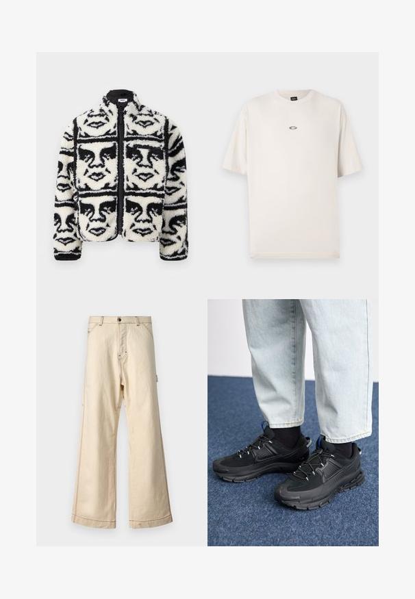 Fuzzy sort/hvid zip-up jakke med et gentaget grafisk mønster af ansigtstræk. Fremstillet af blød, tekstureret fleece materiale.; Oakley RISE TEE - T-shirts basic - mist; Beige vide bukser lavet af bomuld med lynlås- og knaplukning, fremhævet af kontrasterende syning og sidelommer.; Sorte træningssko med tekstureret stof og gummisåler, udstyret med elastiske snørebånd og en blå detalje på hælen. Bæres med lyse denimbukser.
