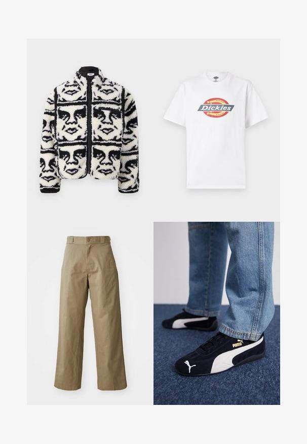Fuzzy zwart-wit zip-up jack met een herhaald grafisch patroon van gezichten. Gemaakt van zacht, textuurfluweel materiaal.; Witte katoenen t-shirt met een meerkleurig cirkelvormig logo met de tekst "Dickies" in vetgedrukte letters. Korte mouwen, ronde hals en een gladde textuur.; Khaki wijde broek van katoenmixstof, met een enkele knoopsluiting en zichtbare zijzakken. Soepele textuur, kreukdetail.; Zwarte suède sneakers met witte accenten, voorzien van een gouden logo. Gemaakt met lichtblauwe spijkerbroek en geplaatst op een textuur blauwe ondergrond.