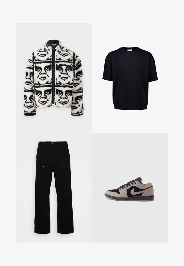 Fuzzy sort/hvid zip-up jakke med et gentaget grafisk mønster af ansigtstræk. Fremstillet af blød, tekstureret fleece materiale.; Sort kortærmet sweatshirt lavet af blødt stof. Den har en rund halsudskæring og en afslappet pasform, med ensfarvet og minimalistisk design.; Sorte denimbukser med lige ben, udstyret med guld hardware-detaljer og synlige syninger på for- og baglommer.; Lavhælet sneaker med beige og sorte læderpaneler, sorte snørebånd og en gummisål, vist i sideprofil på en hvid baggrund.