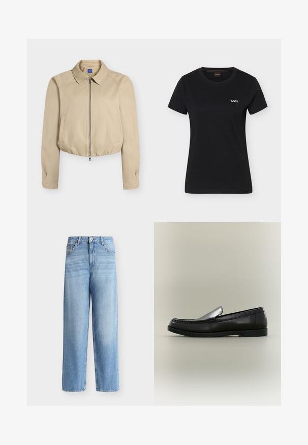 Veste courte beige avec fermeture éclair à l'avant, col pointu, manches longues, poches latérales et ourlet élastiqué, étiquetée "Hugo" à l'intérieur du col.; T-shirt noir à manches courtes pour femmes avec encolure ronde et petit logo blanc "BOSS" sur le côté gauche de la poitrine.; Jean bleu clair taille haute à jambes droites avec fermeture avant à boutons et zip, passants de ceinture et poches avant sur fond blanc.; Mocassin en cuir noir avec couture moc toe, petit talon et design à enfiler sur fond neutre.