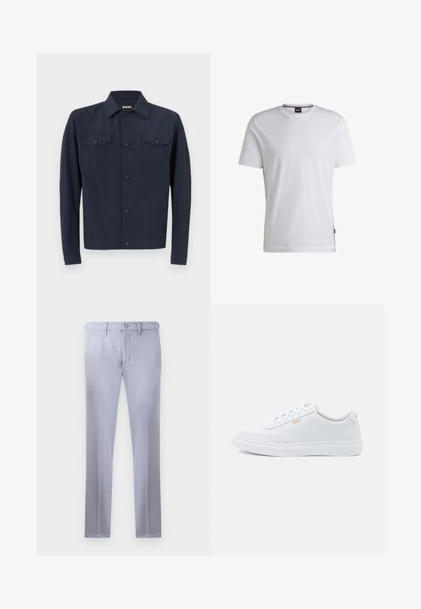 Marineblaues Jacket aus leichtem Stoff, mit klassischem Kragen, Knopfleiste, zwei Brusttaschen und langen Ärmeln.; Weißes T-Shirt mit kurzen Ärmeln aus Baumwolle. Besitzt einen Rundhalsausschnitt und ein dezentes Markenlabel an der Seite. Glatte Textur und einfaches Design.; Helle graue, maßgeschneiderte Hose aus glattem Stoff, mit Knopfverschluss, Gürtelschlaufen und geradem Bein. Keine sichtbaren Taschen.; Weiße Leder-Sneaker mit glatter Textur, runder Zehenpartie und tonal abgestepptem Design. Mit blauen Schnürsenkeln und einem goldenen Logo an der Seite.
