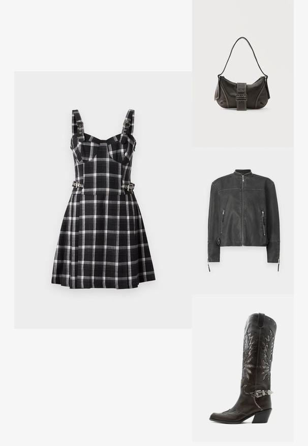 Sort læderjakke med ståkrave, frontlynlås og to lynlåslommer. Har diskret syninger og en skræddersyet pasform.; The Ragged Priest MONARCH DRESS - Hverdagskjole - black; Sort læder cowboystøvle med dekorative udskæringer, sølvspænde og skrå hæl, vist på hvid baggrund.; Sort læder skuldertaske med spænde på remmen, afrundede kanter og kontrasterende hvide syninger på en ensfarvet baggrund.