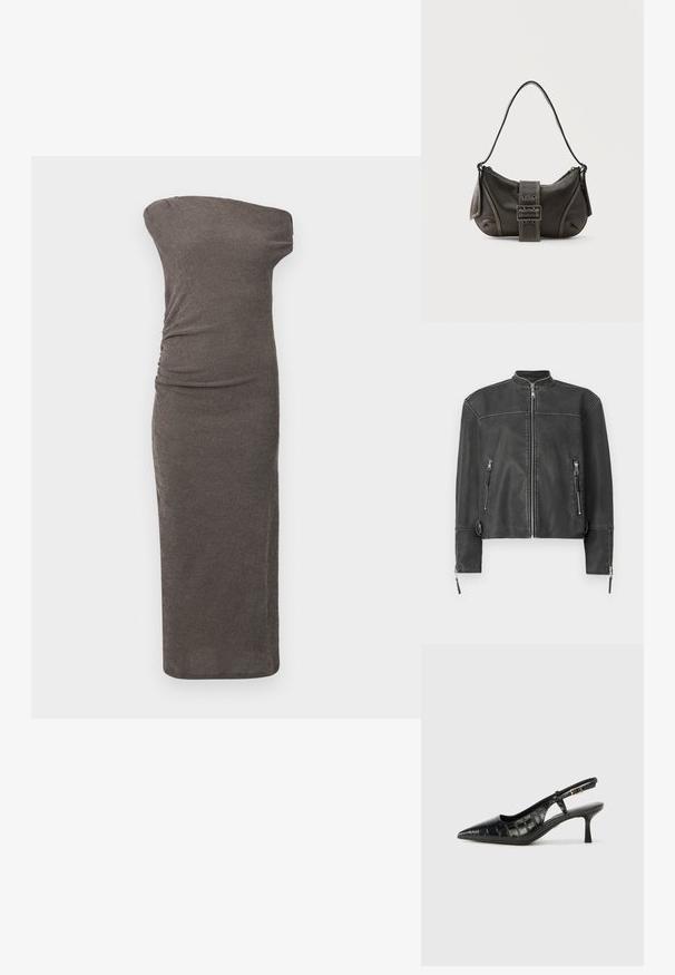 Sort læderjakke med ståkrave, frontlynlås og to lynlåslommer. Har diskret syninger og en skræddersyet pasform.; Off-shoulder, tætsiddende kjole i mørkegrå ribbet stof, med sideliv og en lige silhuet, der når under knæet.; Sorte slingback hæle med spids tå og et tekstureret, krokodillepræget mønster. Inkluderer en smal ankelrem og en lille hæl.; Sort læder skuldertaske med spænde på remmen, afrundede kanter og kontrasterende hvide syninger på en ensfarvet baggrund.