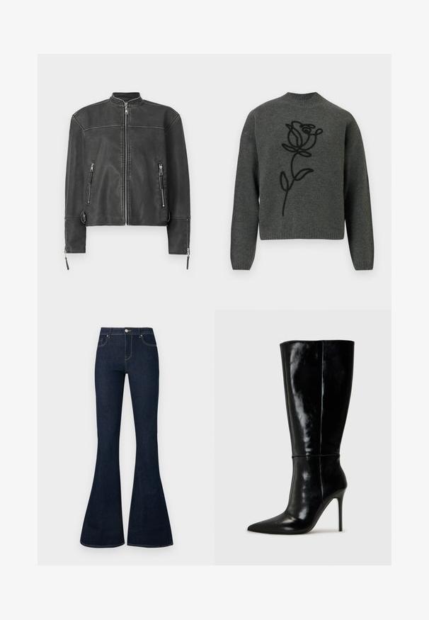Sort læderjakke med ståkrave, frontlynlås og to lynlåslommer. Har diskret syninger og en skræddersyet pasform.; Mørkegrå langærmet strikket sweater med høj hals og sort broderet rosemønster i midten på forsiden.; Mørkeblå højtaljede denimjeans med flagrende ben, frontknap og lynlås samt fem-lomme design.; Sorte læderknælange støvler med spids tå og høj stilettohæl. Glat tekstur og slank design, med minimalt detaljer.