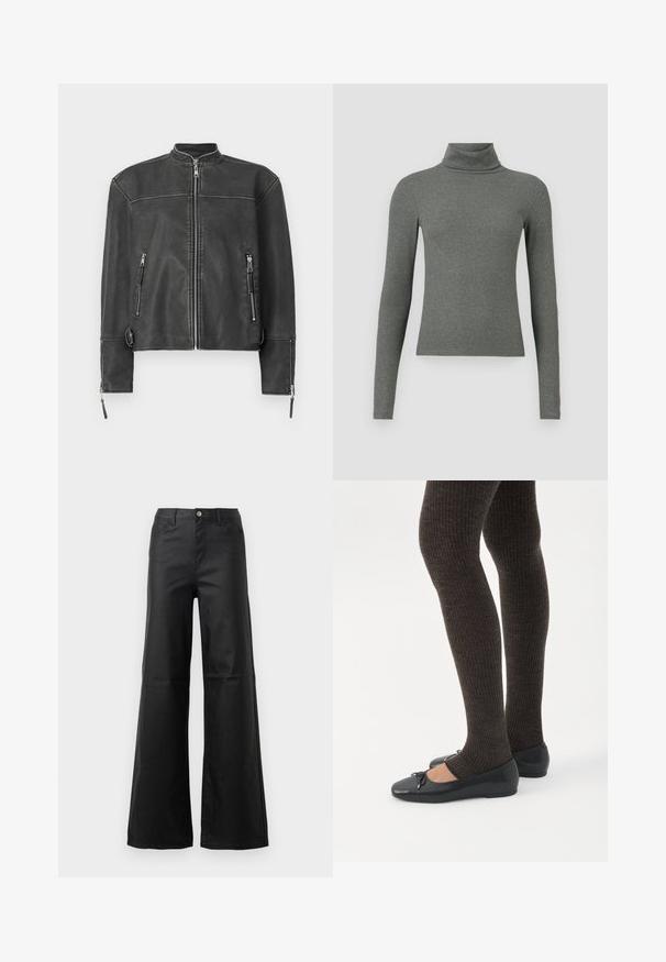 Sort læderjakke med ståkrave, frontlynlås og to lynlåslommer. Har diskret syninger og en skræddersyet pasform.; Grå langærmet turtleneck-top lavet af blødt ribbet materiale, med en tætsiddende pasform og høj krave.; Sorte brede jeans lavet af glat denim, med knaplukning, forlommer og højtaljede design.; Ben iført mørke ribbede leggings kombineret med sorte balletsko med små sløjfedetaljer på hvid baggrund.
