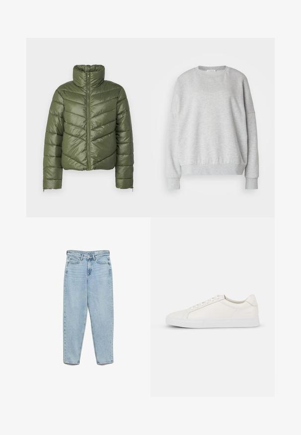 Doudoune vert olive avec col montant, fermeture éclair sur le devant et surpiqûres en chevrons. Caractéristiques : poignets élastiques et silhouette courte.; Sweatshirt gris clair en tissu doux, avec un col rond, des épaules tombantes et des poignets et un ourlet côtelés pour une coupe décontractée.; Jean en denim bleu clair taille haute avec poches avant, passants pour ceinture, fermeture à boutons et jambes fuselées sur fond blanc.; Baskets en cuir blanc avec une texture lisse, bout arrondi, devant à lacets et semelle plate en caoutchouc. Design simple sans motifs ni accents.