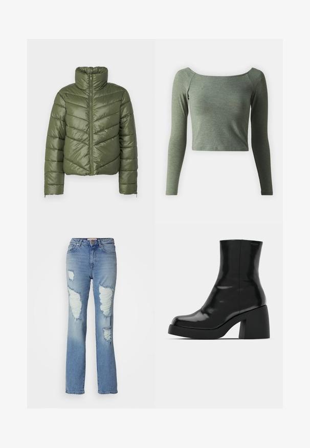 Doudoune vert olive avec col montant, fermeture éclair sur le devant et surpiqûres en chevrons. Caractéristiques : poignets élastiques et silhouette courte.; Crop top à manches longues en vert olive avec un décolleté carré. Fabriqué dans un tissu doux et texturé, avec des manches ajustées et un ourlet soigné.; Jean taille haute bleu clair avec une coupe droite. Présente des déchirures prononcées et des bords effilochés à l'avant, fabriqué en tissu denim.; Bottines noires à finition brillante, bout carré et épais talon bloc. Le design présente une silhouette homogène et un branding minimal.