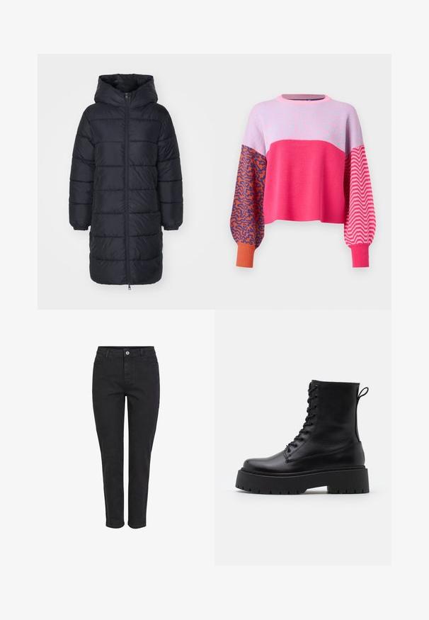 Mustmust puffer-kate, mille, mis sisaldab lukuga esiosa, soonikkoes varrukaid ja tikandiga kappide disaini. Keskmise pikkusega ja soojustatud.; ONLY ONLHILLA MIX BOX ONECK - Džemper - raspberry sorbet; Mustmustekad teksapüksid sirge jala disainiga, eesnupu sulgemisega, viie taskuga ja ühtlase tekstuuriga viimistlusega.; Mustad mustad nahast pahkluu saapad ümarate varvastega, nööridega esiosas ja paksu kummist talla ning tekstuuritud mustriga. Tagumine tõmbeaas.