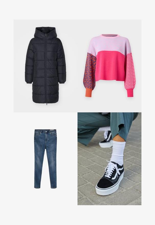Mustmust puffer-kate, mille, mis sisaldab lukuga esiosa, soonikkoes varrukaid ja tikandiga kappide disaini. Keskmise pikkusega ja soojustatud.; ONLY ONLHILLA MIX BOX ONECK - Džemper - raspberry sorbet; Tumedate sinine denim skinny teksad keskmise taljepiirdega, viie tasku ja peene vicega. Omab nupukinnitust ja lukkuga sulgemist.; Mustjad sametist tennisjalanõud valgete aktsentide ja nööridega, millel on paks valge tald ja kontrastsed õmblused, koos valge sokiga.