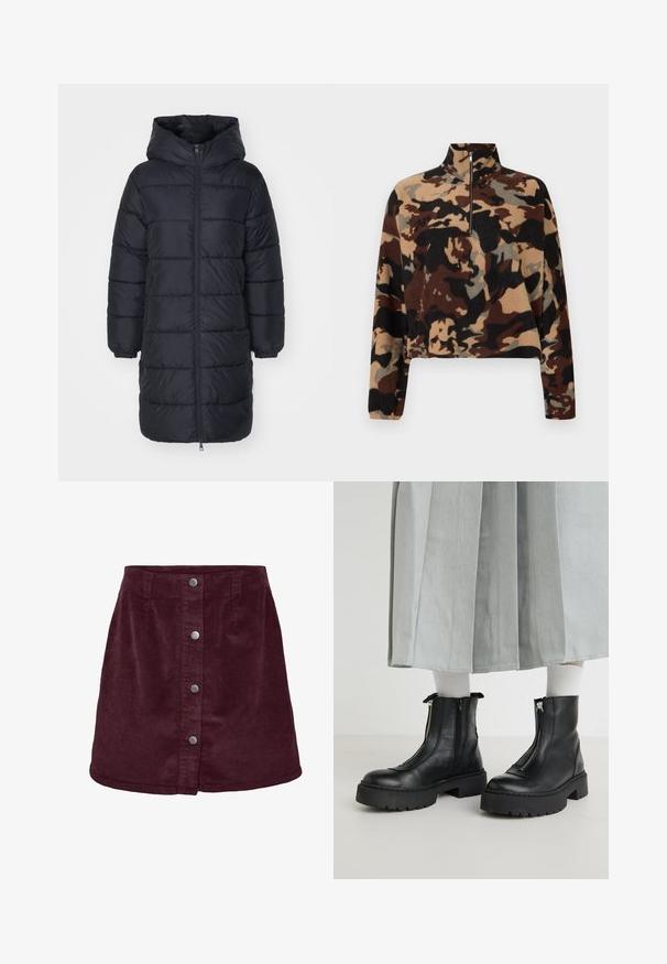 Mustmust puffer-kate, mille, mis sisaldab lukuga esiosa, soonikkoes varrukaid ja tikandiga kappide disaini. Keskmise pikkusega ja soojustatud.; Pika-sleediga fliisipullover, mis on pruunide, mustade ja beežide kamuflaažimustritega, poolsiidi krae ja elastsete mansettidega.; Burgundia kautraka mini seelik A-laiusega, millel on viis hõbedast nööpi ees ja peen ribakonstruktsioon.; Mustad mustad nahast pahkluu saapad massiivse tallaga, millel on ees lukk ja õmmeldud detailid. Koos valgete soonikute sokkidega ja heleda seeliku.