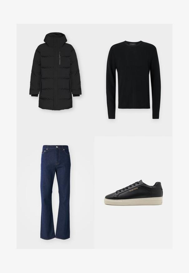 Veste rembourrée noire avec un col haut et une fermeture éclair à l'avant. Elle présente des poches latérales, une texture lisse et un design matelassé avec des sections rembourrées.; Pull longs en coton noir avec une texture côtelée, col rond et manches ajustées. Design uni sans motifs ni accents.; Jeans évasés de couleur bleu foncé en denim. Comprend cinq poches, une fermeture éclair à l'avant et un bouton métallique. Accents de couture classique.; Sneaker en cuir noir avec une finition lisse, semelle crème contrastante, bout arrondi, logo doré sur le côté et six œillets pour les lacets.