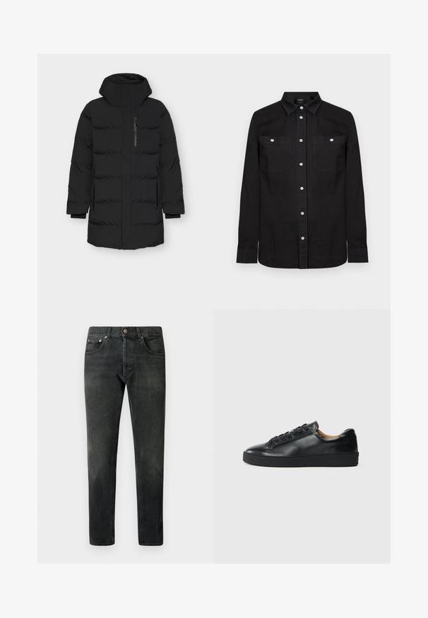 Veste rembourrée noire avec un col haut et une fermeture éclair à l'avant. Elle présente des poches latérales, une texture lisse et un design matelassé avec des sections rembourrées.; Chemise noire à manches longues avec col pointu et deux poches poitrine à l'avant, chacune fermée par un bouton blanc.; Jean en denim noir avec une coupe droite, cinq poches et une fermeture à bouton. Présente une finition décolorée et des détails de couture subtils.; Baskets en cuir noir avec une texture lisse, bout rond et fermeture à lacets. Comprend une semelle en caoutchouc épaisse et un minimum de détails de marque.