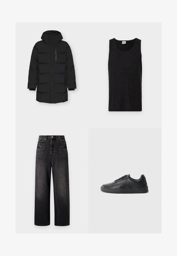 Veste rembourrée noire avec un col haut et une fermeture éclair à l'avant. Elle présente des poches latérales, une texture lisse et un design matelassé avec des sections rembourrées.; Débardeur noir sans manches en matériau texturé. Doté d'un col rond et d'un accent logo discret près de l'ourlet. Design simple.; Jeans en denim noir avec une coupe ample, taille haute, cinq poches et une fermeture à bouton visible. Présente un délavage subtil et une coupe droite.; Chaussure de sport en cuir noir avec une finition lisse, bout arrondi, panneau latéral texturé et lacets noirs. Présente une semelle en caoutchouc plate et un design minimaliste.