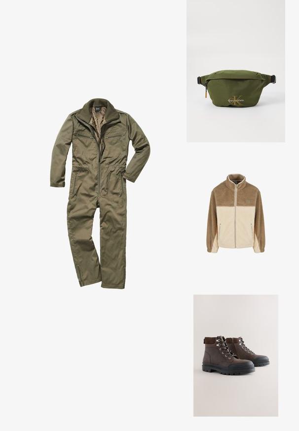 Veste en polaire avec col montant, présentant un design en bloc de couleurs beige et crème, fermeture éclair, et deux poches latérales zippées.; Combinaison olive en tissu résistant, avec un zip sur le devant, un col côtelé et plusieurs poches zippées à la poitrine et sur les côtés.; Bottines en cuir marron avec accents en daim, bout rond, laçage à l'avant, fermeture éclair latérale et semelle en caoutchouc épaisse à motif texturé.; Banane en nylon vert avec une fermeture éclair, une sangle réglable et le logo Calvin Klein doré. Texture lisse, design léger.
