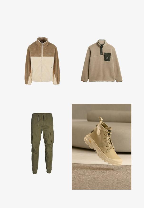 Fleecejakke med høj krave, der har et farveblokdesign i tan og creme, lynlås lukning og to lynlåslommer på siden.; Beige fleece-pullover med høj krave, grøn trykknap-lukning og brystlomme. Materialet har en blød, struktureret overflade. Bjerglogo på lommen.; Olivenfarvede cargo bukser lavet af letvægtsstof. Funktioner inkluderer elastisk talje, justerbar snor og to sidelommer.; Beige højtop-sneaker lavet af lærred, med en rund logodetalje, snøredesign og robust sål med synlige slidmønstre.