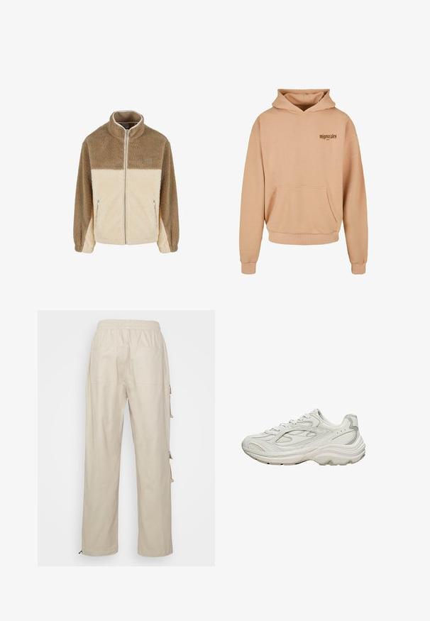 Fleecejack met een hoge kraag, met een beige en crèmekleurig kleurblokontwerp, ritssluiting en twee ritszakken aan de zijkant.; Beige hoodie met een voorzak, geribde manchetten en zoom, met een donkerbruine tekstlogo op de linkerkant van de borst. Zachte stofstructuur.; Beige recht gesneden broek met elastische tailleband en twee achterzakken, gezien van achteren tegen een witte achtergrond.; Witte sneaker met een gestructureerd bovenwerk en een dikke zool. Kenmerken zijn onder andere gebogen lijnen, subtiele grijze accenten en een veterontwerp.