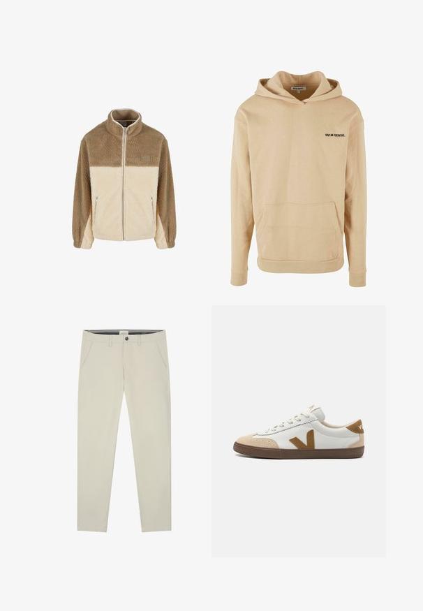 Fleecejakke med høj krave, der har et farveblokdesign i tan og creme, lynlås lukning og to lynlåslommer på siden.; Beige hoodie lavet af blødt bomuldsstof, med en frontlomme, ribbede manchetter og et lille sort logo på brystet.; Lys beige chinos med lige pasform, lavet af blødt bomuldsstof. Har bæltestropper, forlommer og en enkelt baglomme.; Hvide sneakers med tan ruskindsdetaljer, der har en tekstureret brun gummisål, snørelukning og et logo på hælen.