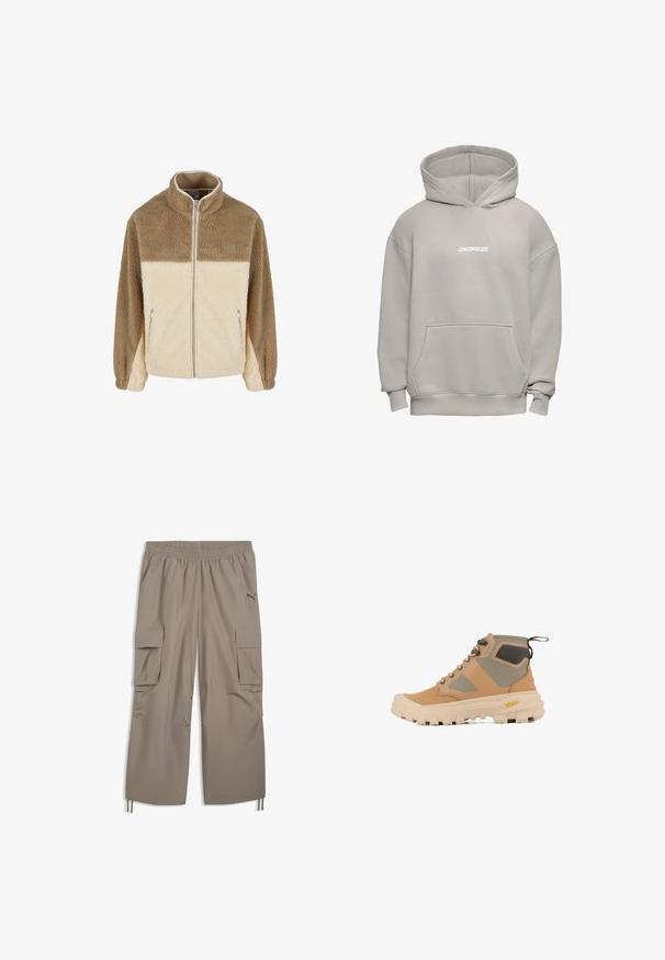 Fleecejack met een hoge kraag, met een beige en crèmekleurig kleurblokontwerp, ritssluiting en twee ritszakken aan de zijkant.; Lichtgrijze oversized hoodie met voorzak en "DROPSIZE" in het wit gedrukt op de borst.; Lichtbruine cargobroek met elastische tailleband, zijflapzakken, trekkoorden bij de boorden en een klein Puma-logo op de rechterdij.; Tan wandelschoen met een gestructureerde afwerking, grijze mesh accenten en een stevige beige zool. Beschikt over een trekband en het Vibram-logo aan de zijkant.