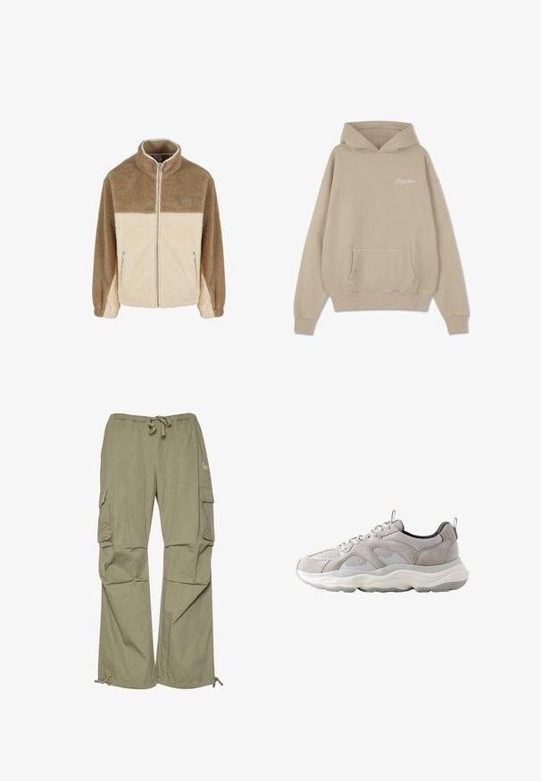 Chaqueta de forro polar con un alto cuello, que presenta un diseño a bloques de color beige y crema, cierre de cremallera y dos bolsillos laterales con cremallera.; Sudadera beige con capucha hecha de algodón, que cuenta con un bolsillo delantero, puños acanalados y un pequeño logo blanco en el pecho.; Pantalones cargo en verde oliva, hechos de tela ligera, con cintura elástica, puños ajustables y múltiples bolsillos laterales.; Zapatilla deportiva en gris claro y blanco con parte superior de malla y ante, suela gruesa acolchada, cordones y tiradores en la lengüeta y el talón.