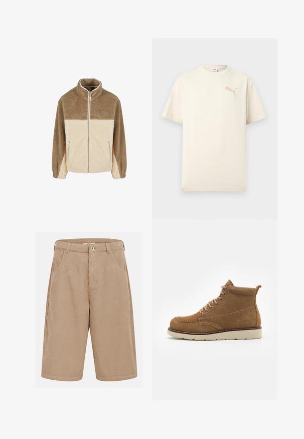 Fleecejakke med høj krave, der har et farveblokdesign i tan og creme, lynlås lukning og to lynlåslommer på siden.; Kortærmet cremefarvet t-shirt med beige Puma-logo på øverste venstre bryst og rund halsudskæring, vist på ensfarvet lys baggrund.; Beige kordfløjls knælange shorts med bæltestropper, forlommer og knaplukning.; Brune ruskindsankelstøvler med rund tå, snørebånd foran og en beige gummisål, der har subtile syninger og en løkke bagpå.