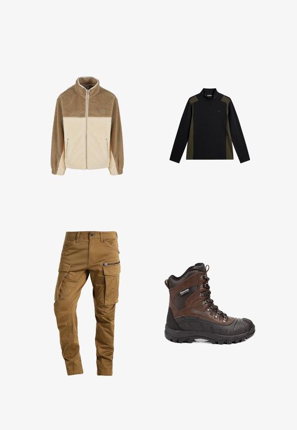 Fleecejack met een hoge kraag, met een beige en crèmekleurig kleurblokontwerp, ritssluiting en twee ritszakken aan de zijkant.; Zwart en olijfgroen sweatshirt met lange mouwen, een korte ritssluiting aan de voorkant en een klein logo op de borst.; Brown cargo broek van duurzaam materiaal, met meerdere zakken, een sluitzak opzij en een tapering fit met verstevigde naden.; Bruine en zwarte geïsoleerde wandelschoen met dikke zool, metalen oogjes en Thinsulate-label aan de zijkant.