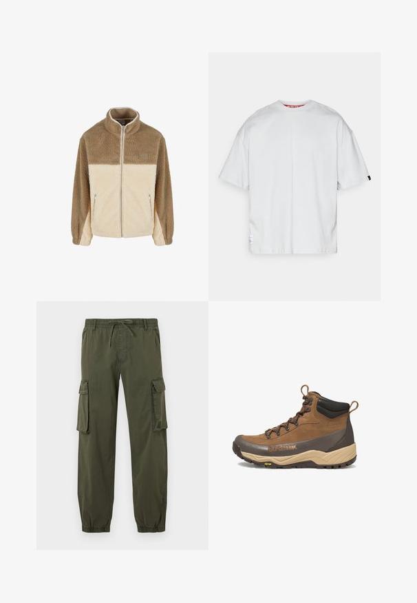 Fleecejack met een hoge kraag, met een beige en crèmekleurig kleurblokontwerp, ritssluiting en twee ritszakken aan de zijkant.; Effen wit oversized T-shirt met korte mouwen en ronde hals, voorzien van kleine stoffen labels aan de linkeronderzoom en de rechtermouw.; Olijfgroene cargobroek van lichtgewicht stof. Elastische tailleband met trekkoord, twee zijzakken en twee cargozakken op de dijen.; Bruine en beige wandelschoen van gemiddelde hoogte met zwart gewatteerde kraag, Gore-Tex-logo, metalen veteroogjes en Vibram-zool.