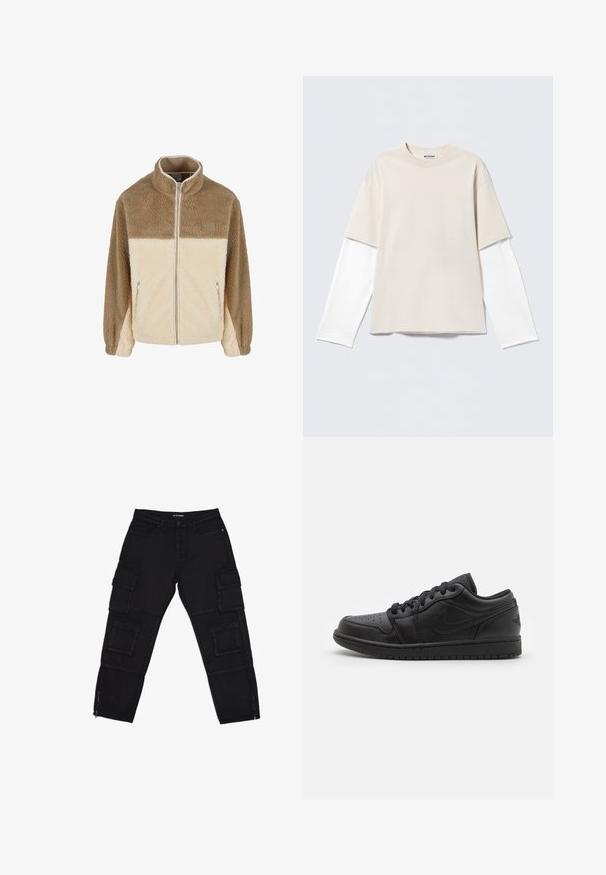 Veste en polaire avec col montant, présentant un design en bloc de couleurs beige et crème, fermeture éclair, et deux poches latérales zippées.; T-shirt beige à manches courtes superposé sur un t-shirt blanc à manches longues avec un col rond et une étiquette "WEEKDAY" à l'intérieur du col.; Pantalons cargo noirs en tissu durable, dotés de plusieurs poches cargo, de chevilles zippées et de jambes droites avec des détails de couture subtils.; Baskets basses en cuir noir avec embout perforé, lacets plats, col rembourré et semelle texturée. Dotées d'un logo discret à l'arrière.