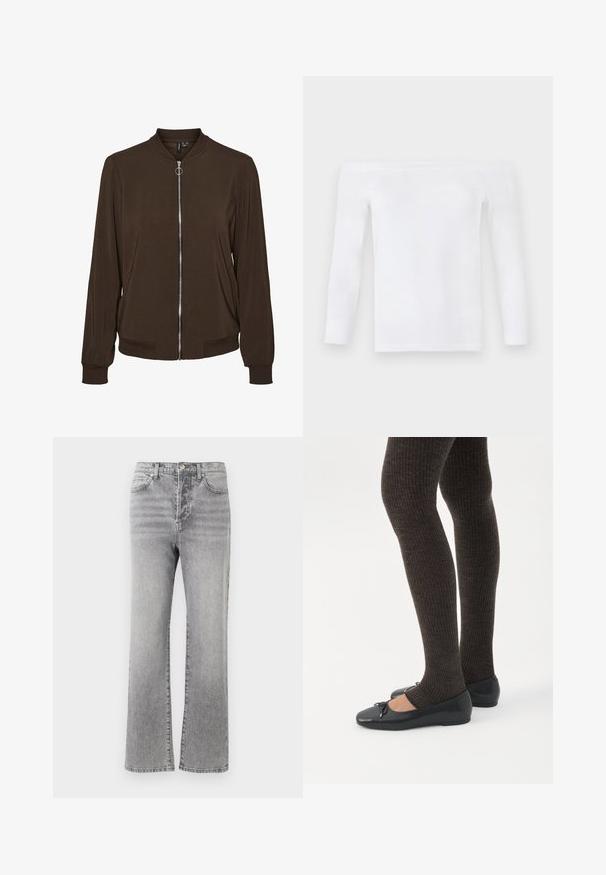 Veste bomber marron à manches longues avec fermeture éclair frontale argentée, col, poignets et ourlet côtelés.; Haut blanc à manches longues, dénudé des épaules, en tissu doux, avec une coupe ajustée, une texture lisse et des coutures minimales.; Jean en denim gris avec une coupe droite, taille mi-haute, cinq poches, et un léger dégradé pour donner de la texture. Détails en métal pour le bouton et les coutures.; Jambes portant des leggings côtelés foncés associés à des ballerines noires avec de petits détails en nœud sur fond blanc.