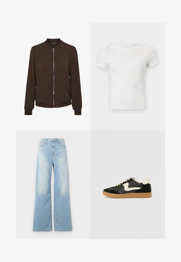 Veste bomber marron à manches longues avec fermeture éclair frontale argentée, col, poignets et ourlet côtelés.; Haut blanc à manches courtes en maille côtelée pour bébé ou tout-petit, avec un col rond et des pressions à l'épaule, sur un fond uni.; Jean large bleu clair à taille haute, avec boutons à l'avant et poches, présenté sur un fond blanc.; Baskets en daim et cuir noir avec un swoosh latéral crème et un talon crème clair. Dotées de lacets beige et d'une semelle en caoutchouc gomme.