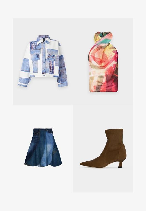 Zrezaná bunda s dizajnom denim potlače, s piatimi vreckami, zapínaním na gombík a kontrastnými bielymi textíliami. Prevládajú modré odtiene.; Paolina Russo WRAPPED HALTER - Top - acid brown; Džínová sukňa s patchworkovým dizajnom v rôznych odtieňoch modrej, zvonovým strihom a jedným bočným vreckom. Hladká textúra a neformálny štýl.; Hnedá členková čižma s ostrou špičkou a nízkym kitten opätkom, vyrobená z hladkého materiálu, zobrazená na jednofarebnom pozadí.