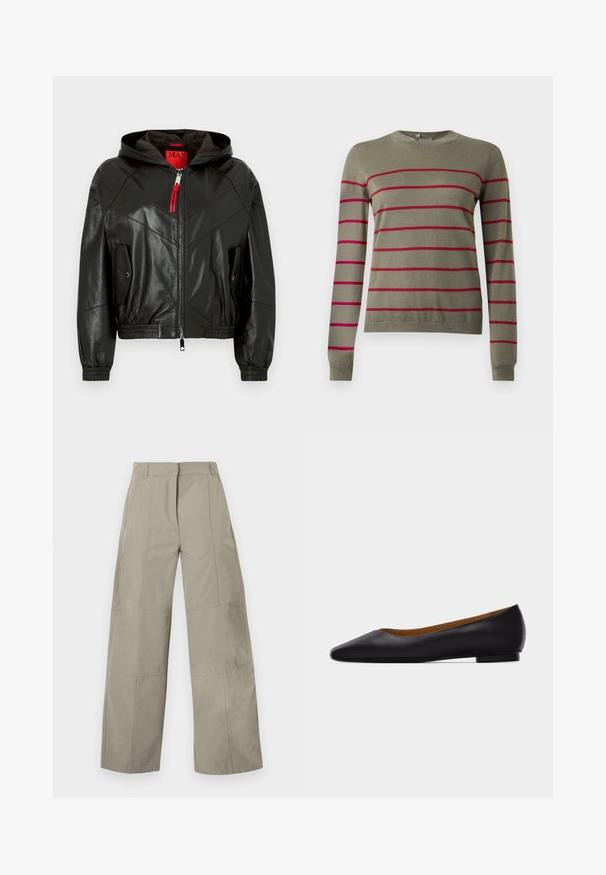 Veste à capuche en cuir noir avec fermeture éclair à l'avant, tirette de fermeture éclair rouge, poignets et ourlet élastiques, et deux poches à rabat avec boutons-pression.; Pull vert olive à manches longues, col rond, avec des rayures horizontales rouges. Texture lisse, coupe ajustée, et poignets côtelés.; Pantalon beige à jambes larges avec taille haute, passants pour ceinture, détails de coutures frontales et fermeture avant cachée.; Chaussure plate en cuir noir à bout pointu avec talon bas et finition lisse, vue de côté sur un fond gris clair.