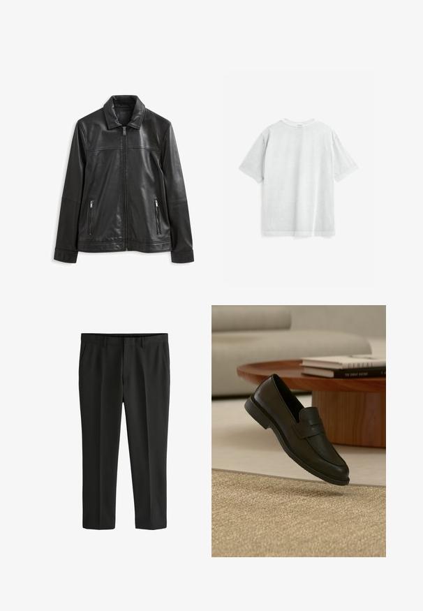 Veste en cuir noire avec un col, fermeture éclair à l'avant, deux poches zippées sur les côtés et une texture lisse.; T-shirt en coton gris clair à manches courtes, col rond et coupe décontractée. Présente une texture lisse et des coutures nettes le long des bords.; Next REGULAR FIT PLAIN FRONT - Pantalon de costume - black; Chaussure mocassin en cuir noir présentée en suspension au-dessus d'un tapis beige tissé, avec une table en bois et des livres empilés dans un salon doucement éclairé.