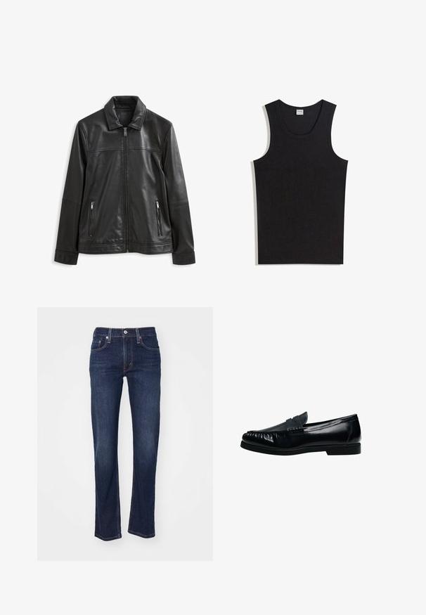 Veste en cuir noire avec un col, fermeture éclair à l'avant, deux poches zippées sur les côtés et une texture lisse.; Débardeur noir en coton, doté d'un col rond et d'une coupe sans manches. Texture lisse sans motifs ni accents visibles.; Jeans en denim bleu foncé avec une coupe droite, présentant un design classique à cinq poches et des coutures détaillées sur les bords.; Mocassin penny loafer pour homme en cuir noir avec bout moc cousu et petit talon, présenté de profil sur fond blanc.