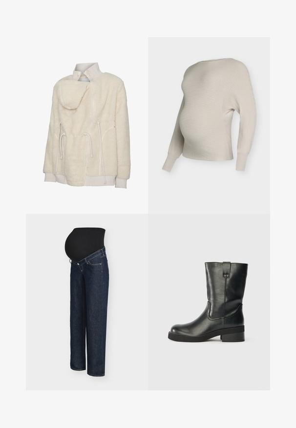 Μπουφάν από sherpa fleece σε κρεμ χρώμα με ψηλό ριμπ γιακά, φερμουάρ μπροστά, ρυθμιζόμενα κορδόνια και ριμπ μανσέτες και τελείωμα.; Κρεμ ribbed πλεκτό πουλόβερ εγκυμοσύνης με χαλαρή εφαρμογή, φαρδιά λαιμόκοψη και μακριά μανίκια, που αναδεικνύει μια απαλή υφή και casual σχεδιασμό.; Τζιν εγκυμοσύνης με μαύρη ελαστική μέση, ύφασμα σκούρου μπλε denim, φαρδιά γραμμή και κλασικό στυλ με πέντε τσέπες.; Μαύρη δερμάτινη μπότες μέχρι τον αστράγαλο με χαμηλό τετράγωνο τακούνι, στρογγυλή μύτη και θηλιά στην πλευρά, σε απλό φόντο.