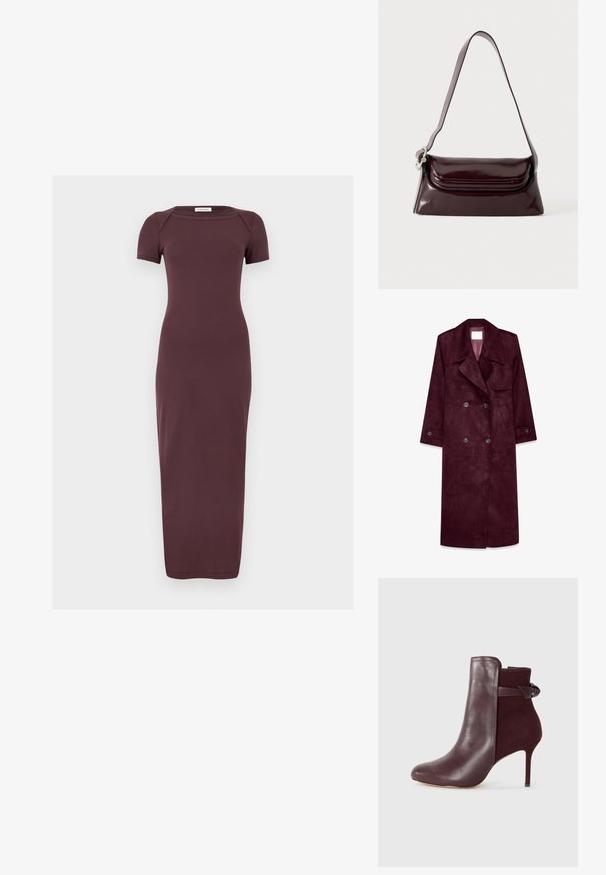 Burgunderfarbener Wildleder-Trenchcoat, doppelt knöpfbares Design, große Revers, seitliche Taschen, verstellbare Bündchen, ungefüttertes Innenfutter.; Eng anliegendes, kurzärmeliges, knöchellanges Kleid in einfarbigem Dunkelbraun mit rundem Ausschnitt und glatter Stoffstruktur.; Burgunderfarbener Knöchelstiefel mit einer eleganten Lederoberfläche und einem weichen Wildlederpaneel, ausgestattet mit einem hohen Stiletto-Absatz und einem Schleifenakzent auf der Rückseite.; Dunkel bordeauxrote Leder-Schultertasche mit Klappenverschluss und einem schmalen verstellbaren Riemen, präsentiert auf einem schlichten hellen Hintergrund.