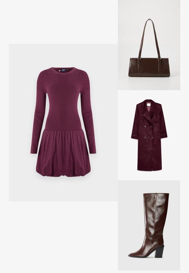 Burgundy ruskind trenchcoat, dobbeltradet design, store kraver, sidelommer, justerbare manchetter, uforet inderside.; Lilla kjole med ribbet overdel, lange ærmer og en rynket nederdel. Stoffet ser glat ud med en let tekstur.; Høj, mørkebrun læderstøvle med spids tå og stablet blokhæl, vist fra siden på en ensfarvet baggrund.; Brun lakeret håndtaske med rektangulær form, to lange håndtag og subtile buede detaljer på fronten.