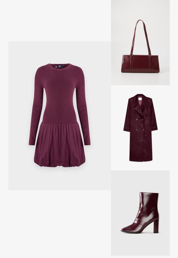 Burgunderfarbener Wildleder-Trenchcoat, doppelt knöpfbares Design, große Revers, seitliche Taschen, verstellbare Bündchen, ungefüttertes Innenfutter.; Lila Kleid mit einem gerippten Oberteil, langen Ärmeln und einem gerafften Rock. Der Stoff wirkt glatt mit einer leichten Textur.; Schimmernder dunkelburgunderfarbener Lederstiefel bis zur Mitte der Wade mit spitzemZehenbereich und blockiertem hohen Absatz auf neutralem Hintergrund.; Burgunderfarbene Handtasche aus glänzendem Material, rechteckige Form, mit zwei Schulterriemen und subtilen, geschwungenen Akzenten an der Vorderseite.