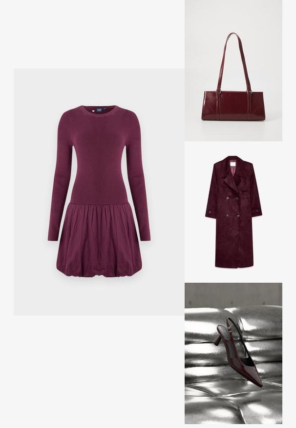 Bordeaux suède trenchcoat, dubbelzijdig design, grote revers, zijzakken, verstelbare manchetten, ongevoerd interieur.; Paarse jurk met een geribbelde lijfje, lange mouwen en een geplooide rok. De stof oogt glad en heeft een lichte textuur.; Glanzende donkerrode slingback pumps met hoge hak en puntige neus, gepresenteerd op een glanzend zilveren, getuft leren oppervlak.; Bourgondische handtas van glanzend materiaal, rechthoekige vorm, met twee schouderbanden en subtiele gebogen accenten aan de voorkant.