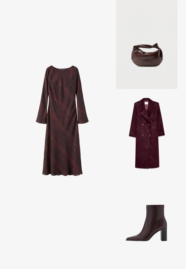 Gabardina de ante burdeos, diseño de doble botonadura, gran solapa, bolsillos laterales, puños ajustables, interior sin forro.; Vestido de manga larga en burdeos oscuro con un sutil patrón abstracto. Tela suave y ligera con un ajuste cómodo y escote redondeado.; Bota de tobillo de cuero marrón oscuro con punta puntiaguda y tacón de bloque grueso sobre un fondo blanco.; Bolso de hombro de cuero marrón oscuro con una forma suave y caída, y un asa con nudo torcido sobre un fondo blanco liso.