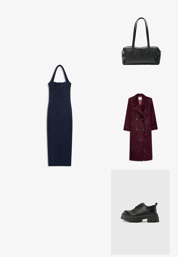 Burgundy ruskind trenchcoat, dobbeltradet design, store kraver, sidelommer, justerbare manchetter, uforet inderside.; Navyblå ærmeløs denimkjole med tætsiddende krop, halterneck-strop og midi-lang lige nederdel.; Sorte platform sko lavet af glat læder med en kraftig, struktureret sål og rund tå. Har seks snørrehuller og en pull-tab.; Sort rektangulær læderhåndtaske med to lange skulderstropper og en lynlåslukning øverst.